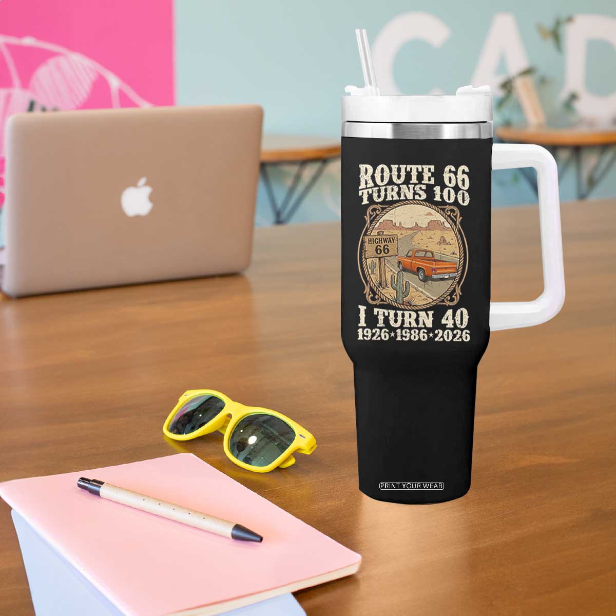 Route Highway 66 Turns 100 I Turn 40 Tumbler With Handle Vintage 1986 Road Sign Classic Pickup Truck Lover 40th Birthday Gift