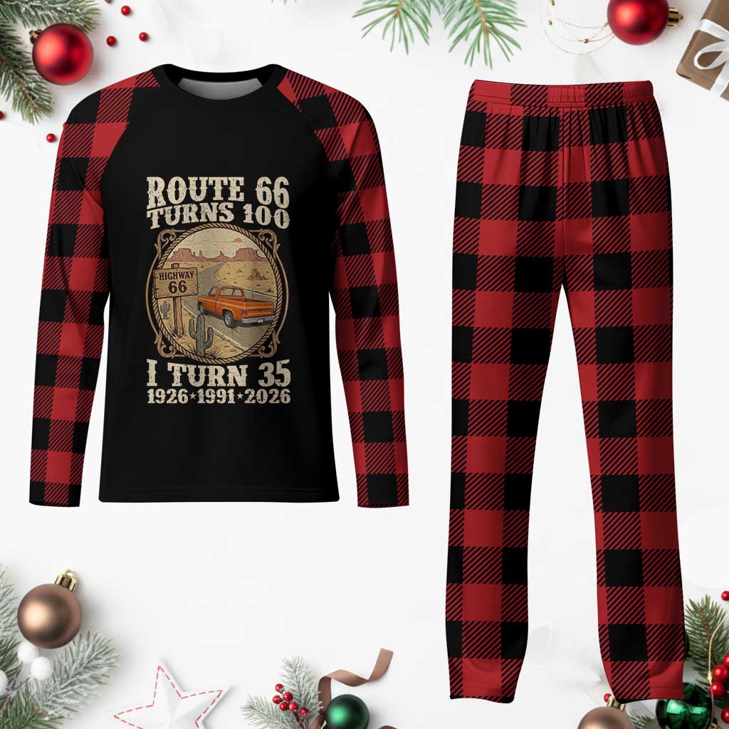 Route Highway 66 Turns 100 I Turn 35 Plaid Pajama Set Vintage 1991 Road Sign Classic Pickup Truck Lover 35th Birthday Gift