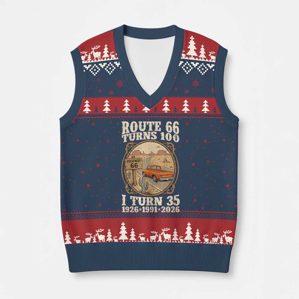 Route Highway 66 Turns 100 I Turn 35 V-Neck Knit Sweater Vest Vintage 1991 Road Sign Classic Pickup Truck Lover 35th Birthday Gift TS14 Navy Red Print Your Wear