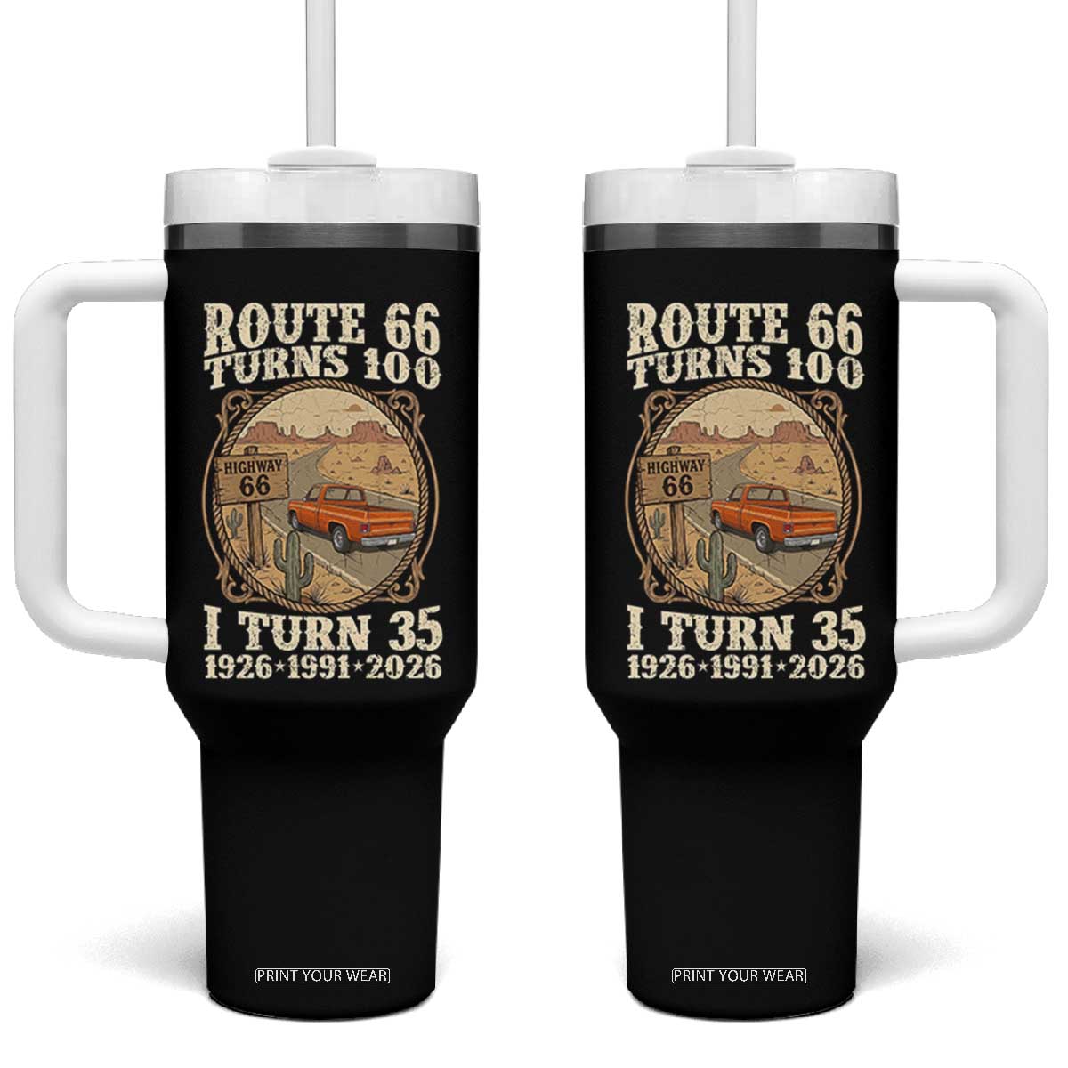 Route Highway 66 Turns 100 I Turn 35 Tumbler With Handle Vintage 1991 Road Sign Classic Pickup Truck Lover 35th Birthday Gift