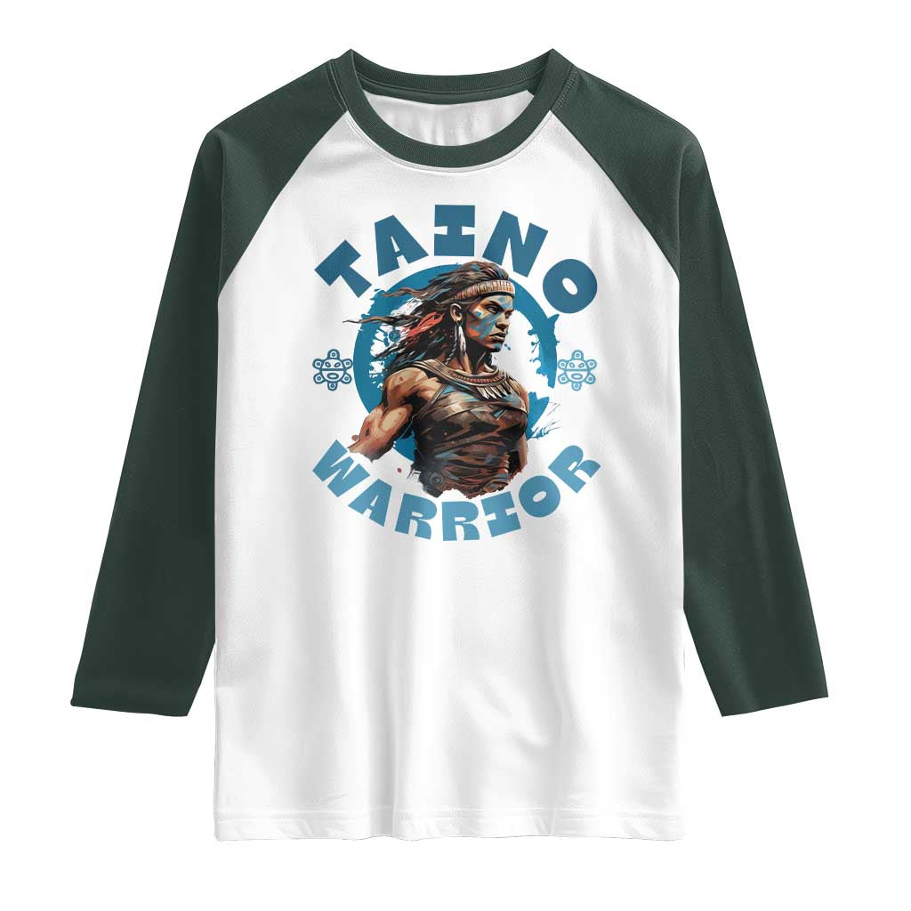 Taino Warrior Boricua Boriken Pride Indigenous Puerto Rican Raglan Shirt TS14 White Dark Forest Green Print Your Wear