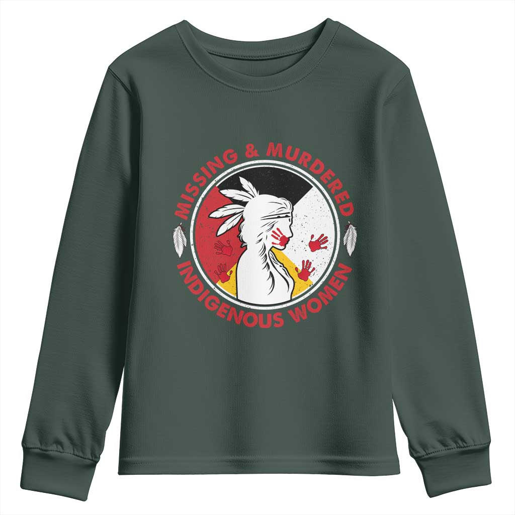 MMIW Missing and Murdered Indigenous Women Red Hand Youth Sweatshirt TS14 Dark Forest Green Print Your Wear