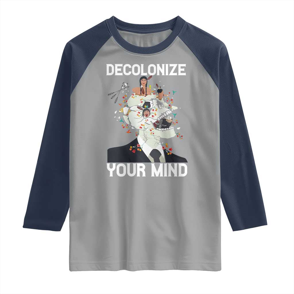 Indigenous People Native American Raglan Shirt Decolonize Your Mind TS14 Sport Gray Navy Print Your Wear