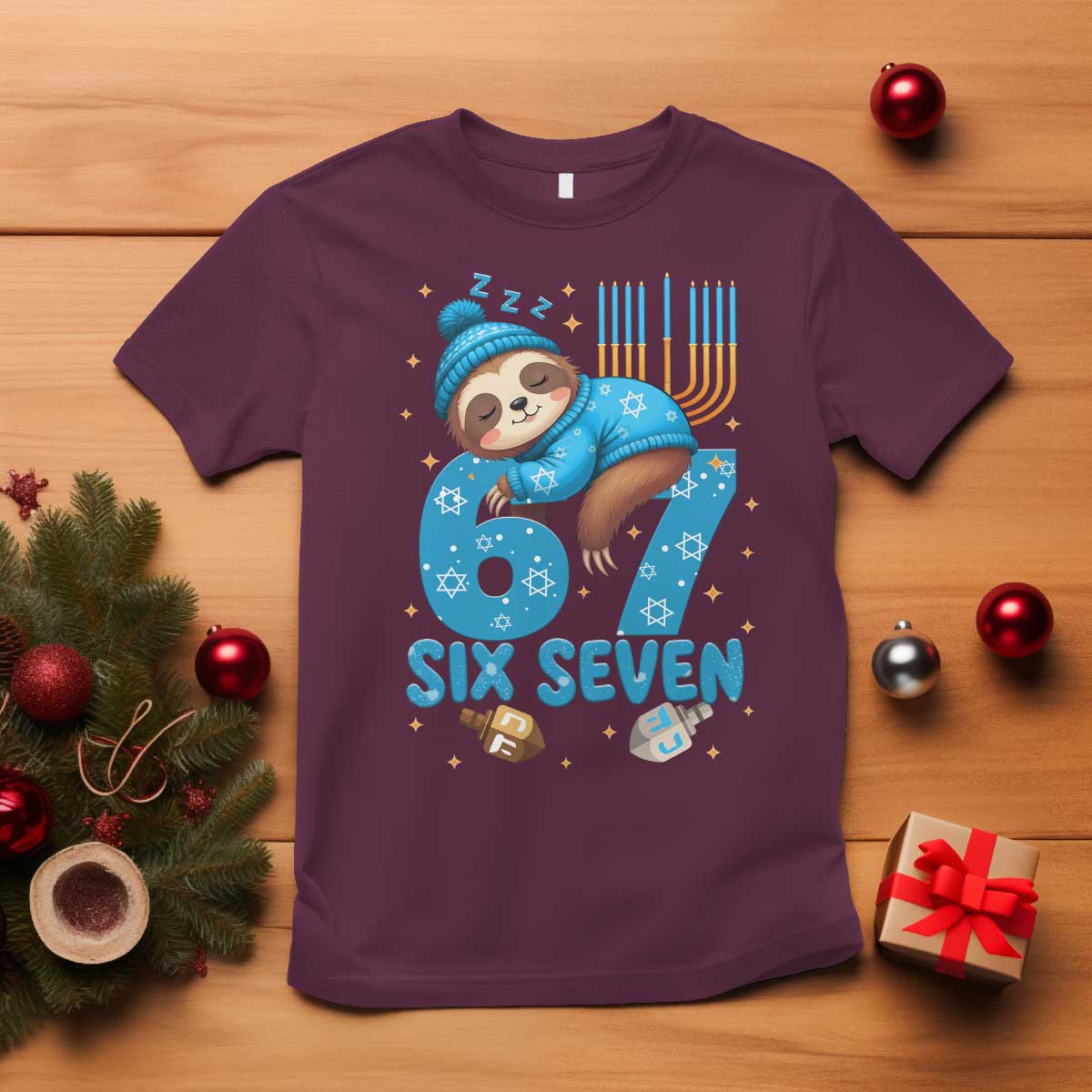 67 Six Seven Meme T Shirt Funny Hanukkah Sloth TS14 Maroon Print Your Wear