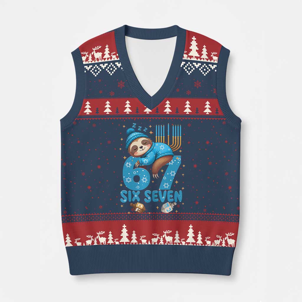 67 Six Seven Meme V-Neck Knit Sweater Vest Funny Hanukkah Sloth TS14 Navy Red Print Your Wear