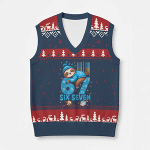 67 Six Seven Meme V-Neck Knit Sweater Vest Funny Hanukkah Sloth TS14 Navy Red Print Your Wear
