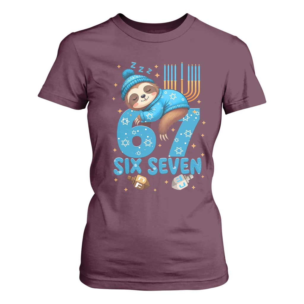 67 Six Seven Meme T Shirt For Women Funny Hanukkah Sloth TS14 Maroon Print Your Wear