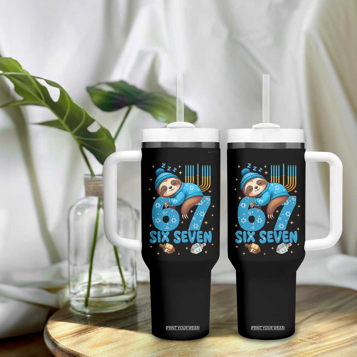 67 Six Seven Meme Tumbler With Handle Funny Hanukkah Sloth TS14 Print Your Wear
