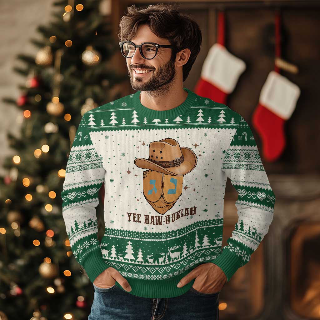 Yee Haw Nukkah Ugly Christmas Sweater Funny Cowboy Hanukkah TS14 Beige Green Print Your Wear