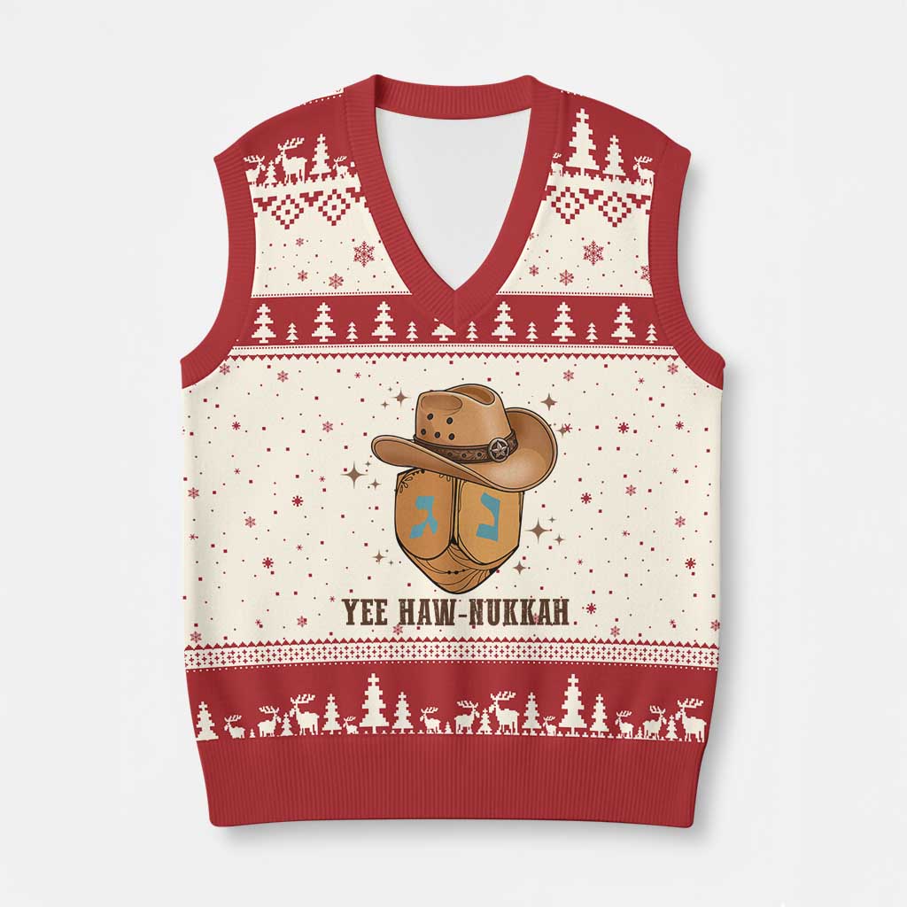 Yee Haw Nukkah V-Neck Knit Sweater Vest Funny Cowboy Hanukkah TS14 Beige Red Print Your Wear