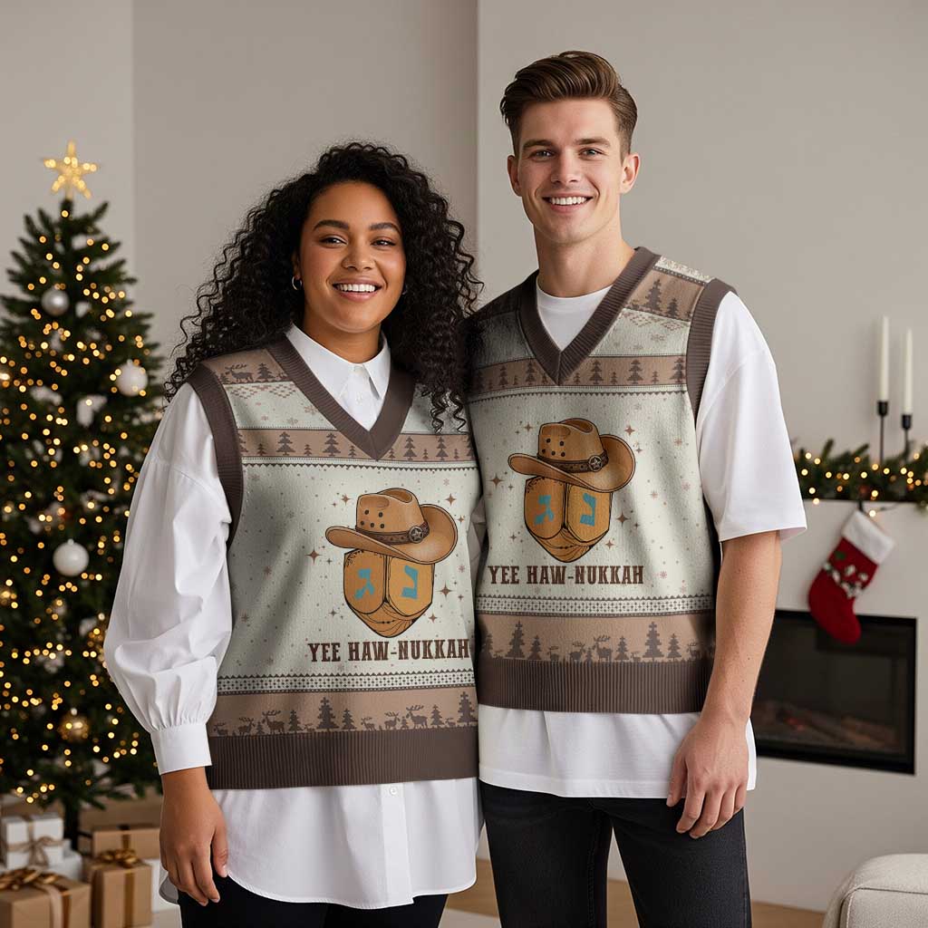 Yee Haw Nukkah V-Neck Knit Sweater Vest Funny Cowboy Hanukkah TS14 Mocha Mousse Print Your Wear