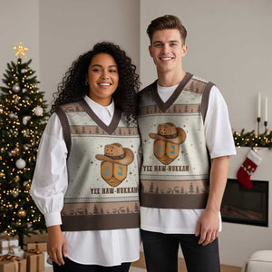 Yee Haw Nukkah V-Neck Knit Sweater Vest Funny Cowboy Hanukkah TS14 Mocha Mousse Print Your Wear