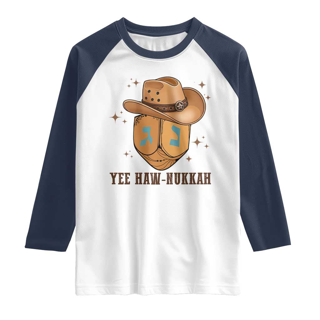 Yee Haw Nukkah Raglan Shirt Funny Cowboy Hanukkah TS14 White Navy Print Your Wear