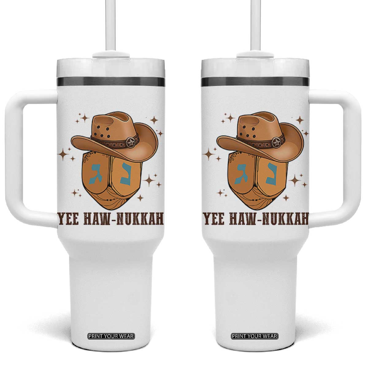 Yee Haw Nukkah Tumbler With Handle Funny Cowboy Hanukkah TS14 One Size: 40 oz White Print Your Wear