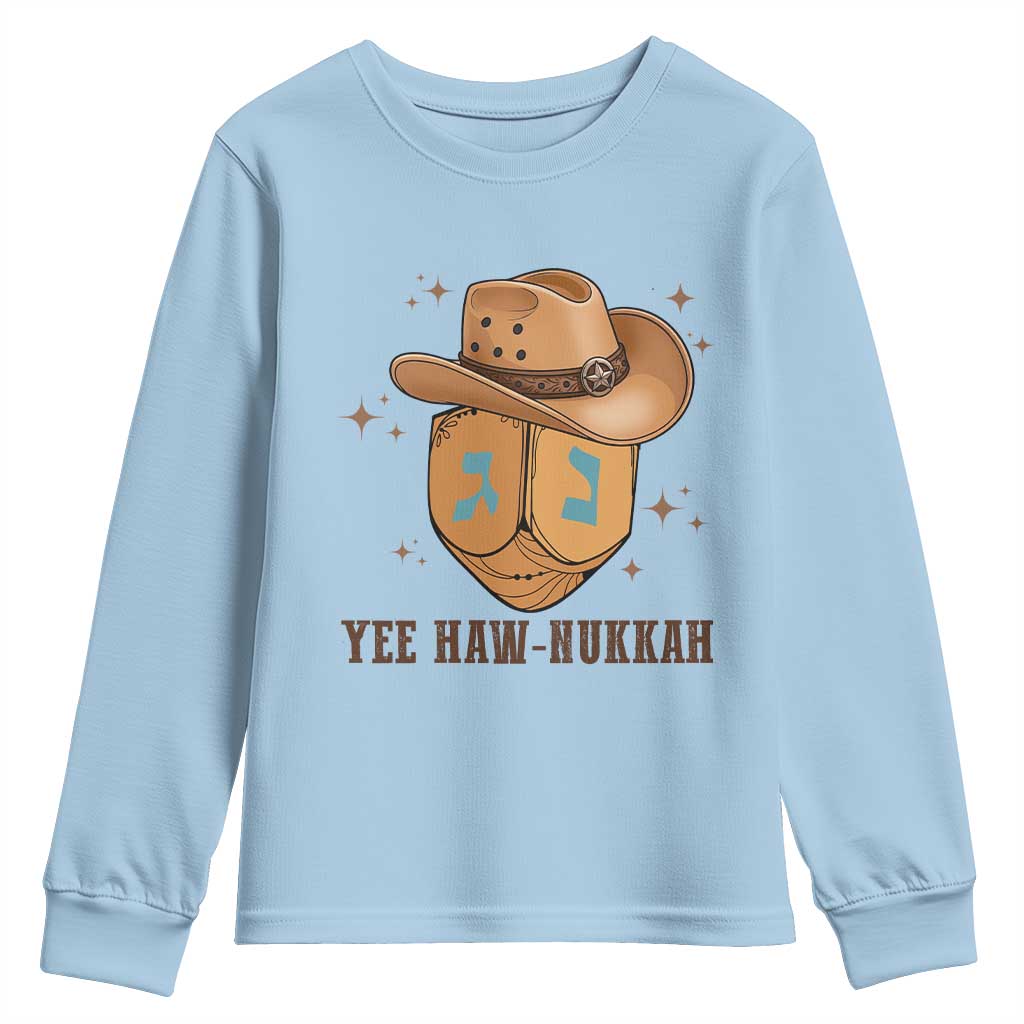 Yee Haw Nukkah Youth Sweatshirt Funny Cowboy Hanukkah TS14 Light Blue Print Your Wear