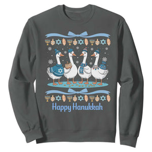 Happy Hanukkah Sweatshirt Funny Silly Goose Chanukah TS14 Dark Heather Print Your Wear