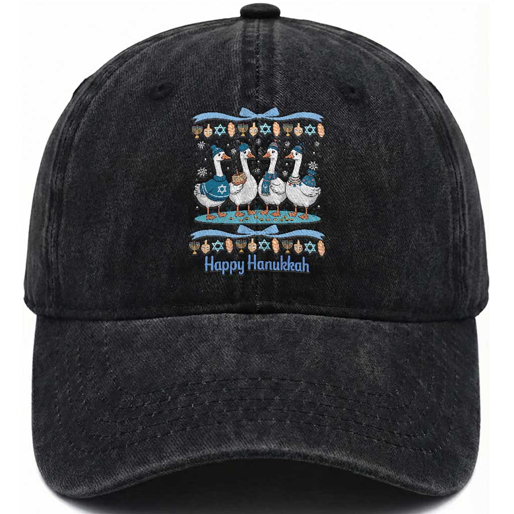 Happy Hanukkah Washed Cotton Baseball Cap Funny Silly Goose Chanukah TS14 Washed Cap Universal Fit Black Print Your Wear
