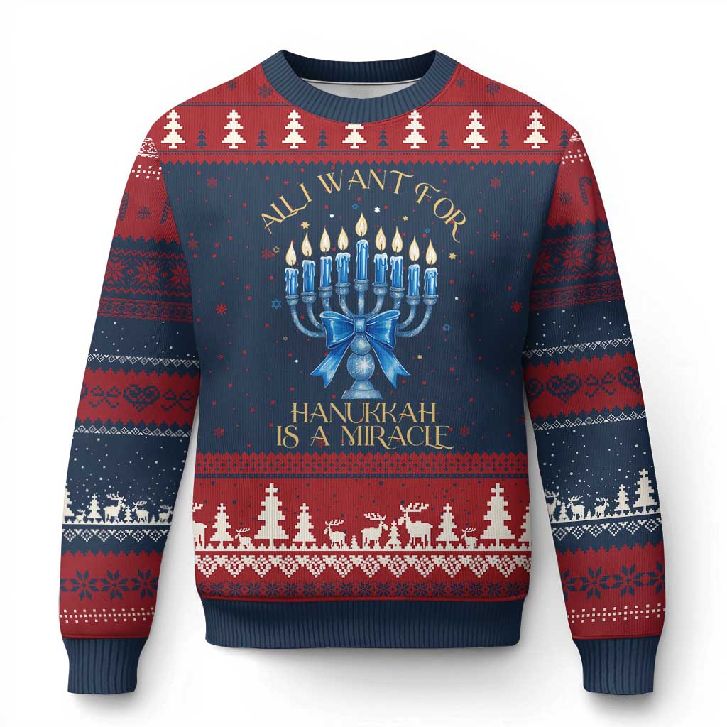 Funny Hanukkah Ugly Christmas Sweater All I Want For Chanukkah Is A Miracle TS14 Navy Red Print Your Wear