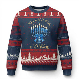 Funny Hanukkah Ugly Christmas Sweater All I Want For Chanukkah Is A Miracle TS14 Navy Red Print Your Wear