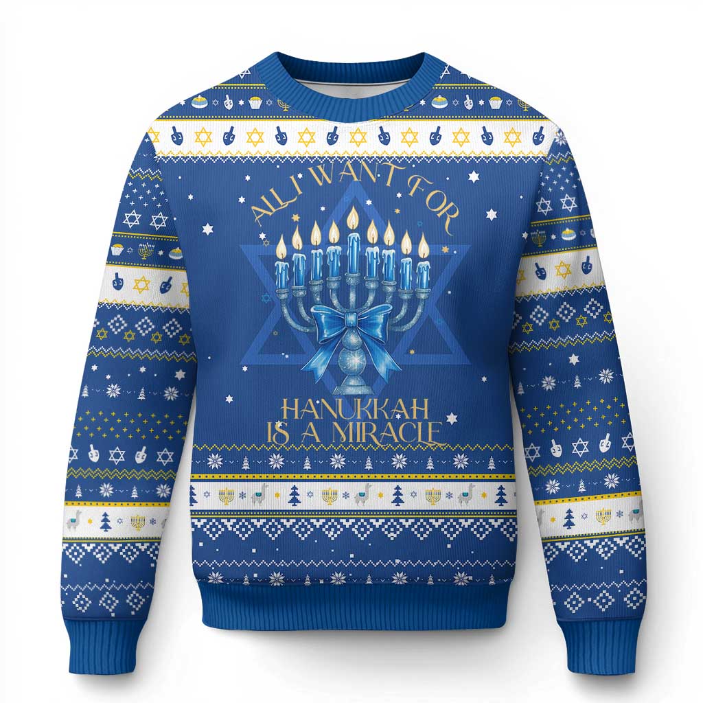 Menorah Coquette Jewish Bow Hanukkah Ugly Sweater All I Want Is A Miracle Hanukkiah TS14 Blue White Print Your Wear