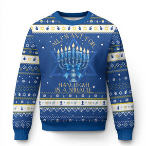 Menorah Coquette Jewish Bow Hanukkah Ugly Sweater All I Want Is A Miracle Hanukkiah TS14 Blue White Print Your Wear