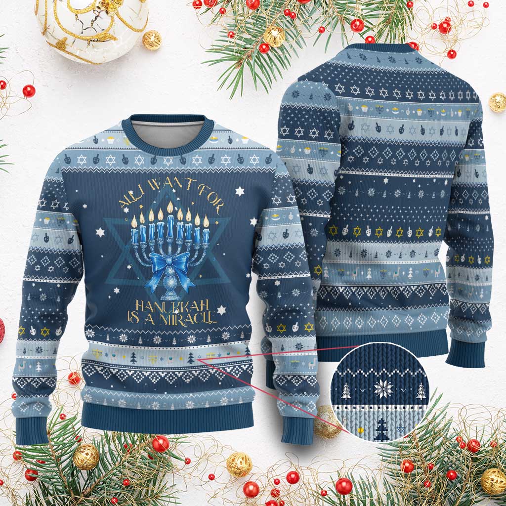Menorah Coquette Jewish Bow Hanukkah Ugly Sweater All I Want Is A Miracle Hanukkiah TS14 Navy Light Blue Print Your Wear