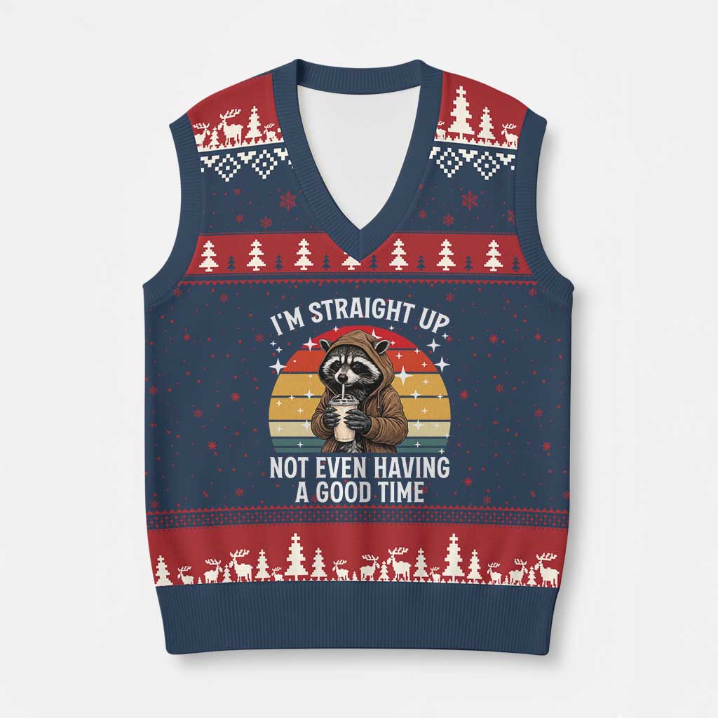 Funny Raccoon Meme V-Neck Knit Sweater Vest I Am Straight Up Not Even Having A Good Time TS14 Navy Red Print Your Wear