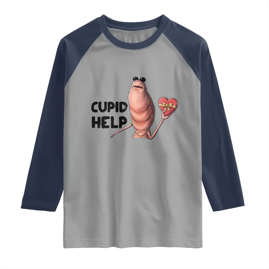 Marcus The Worm Valentine Meme Raglan Shirt Cupid Help TS14 Sport Gray Navy Print Your Wear