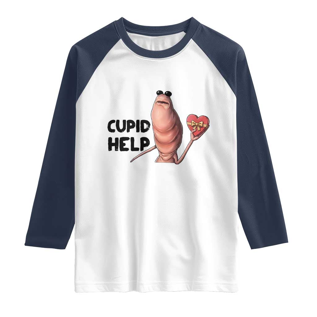 Marcus The Worm Valentine Meme Raglan Shirt Cupid Help TS14 White Navy Print Your Wear