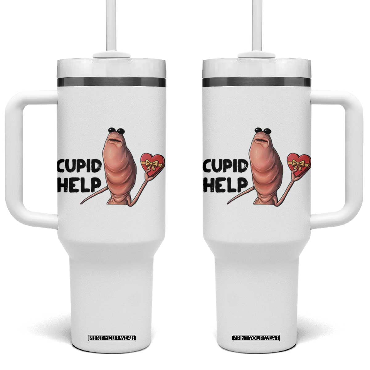 Marcus The Worm Valentine Meme Tumbler With Handle Cupid Help TS14 One Size: 40 oz White Print Your Wear