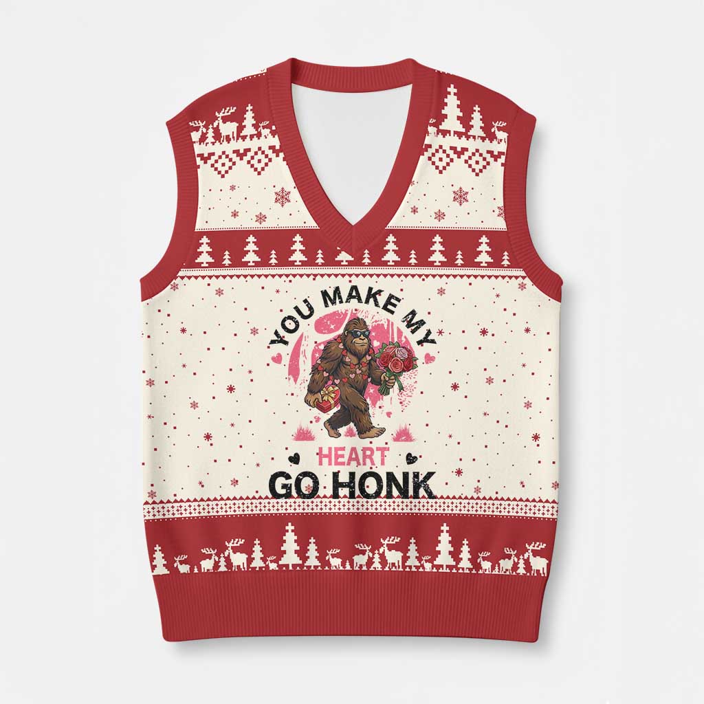 You Make My Heart Go Honk V-Neck Knit Sweater Vest Funny Bigfoot Valentine Meme TS14 Beige Red Print Your Wear