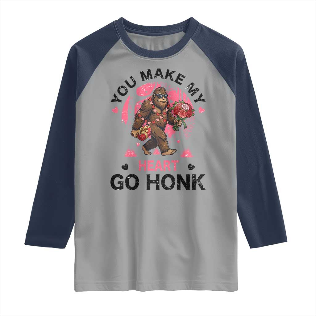 You Make My Heart Go Honk Raglan Shirt Funny Bigfoot Valentine Meme TS14 Sport Gray Navy Print Your Wear