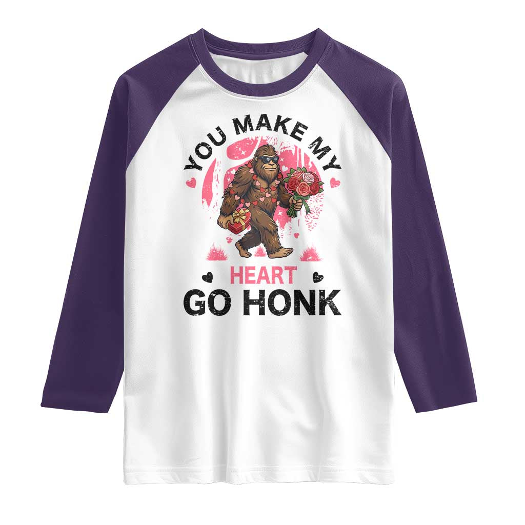 You Make My Heart Go Honk Raglan Shirt Funny Bigfoot Valentine Meme TS14 White Purple Print Your Wear