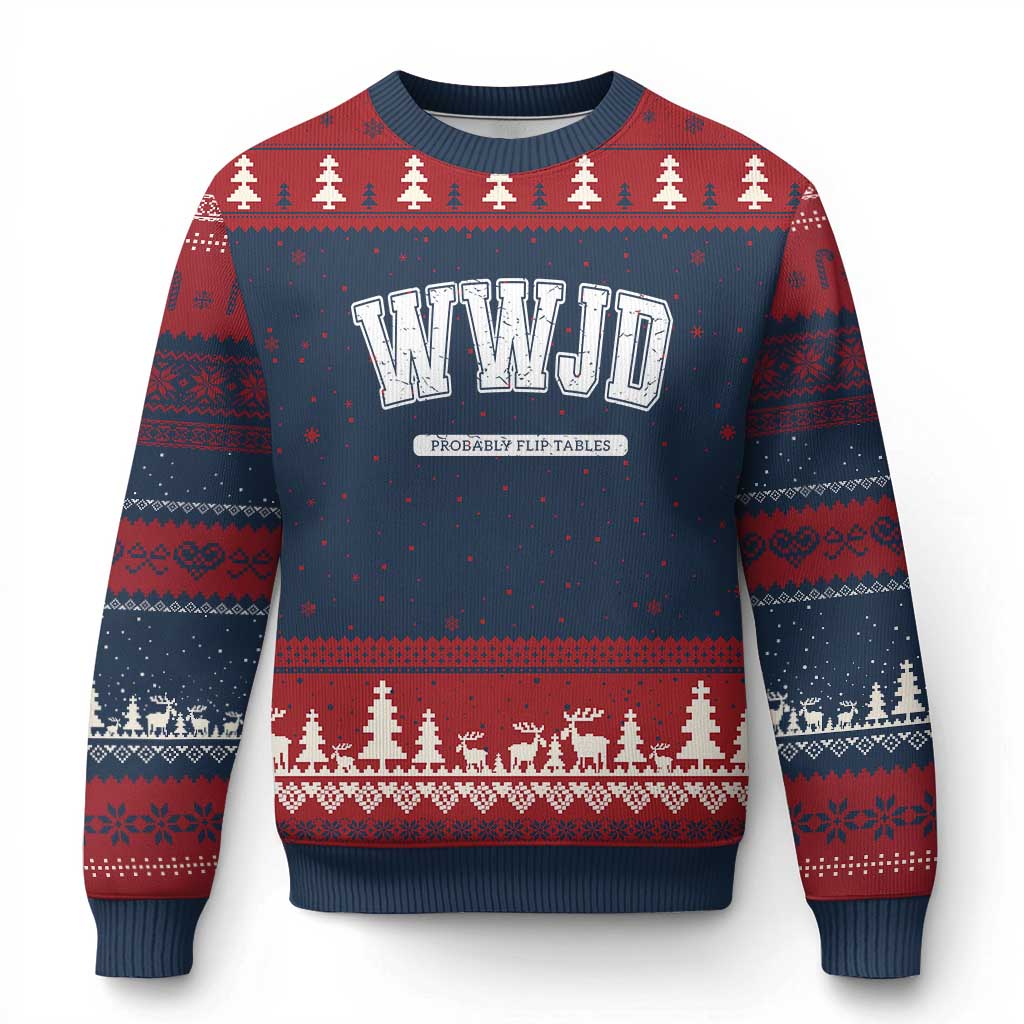 Funny Christian Ugly Christmas Sweater WWJD Probably Flip Tables TS14 Navy Red Print Your Wear