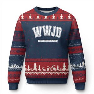 Funny Christian Ugly Christmas Sweater WWJD Probably Flip Tables TS14 Navy Red Print Your Wear