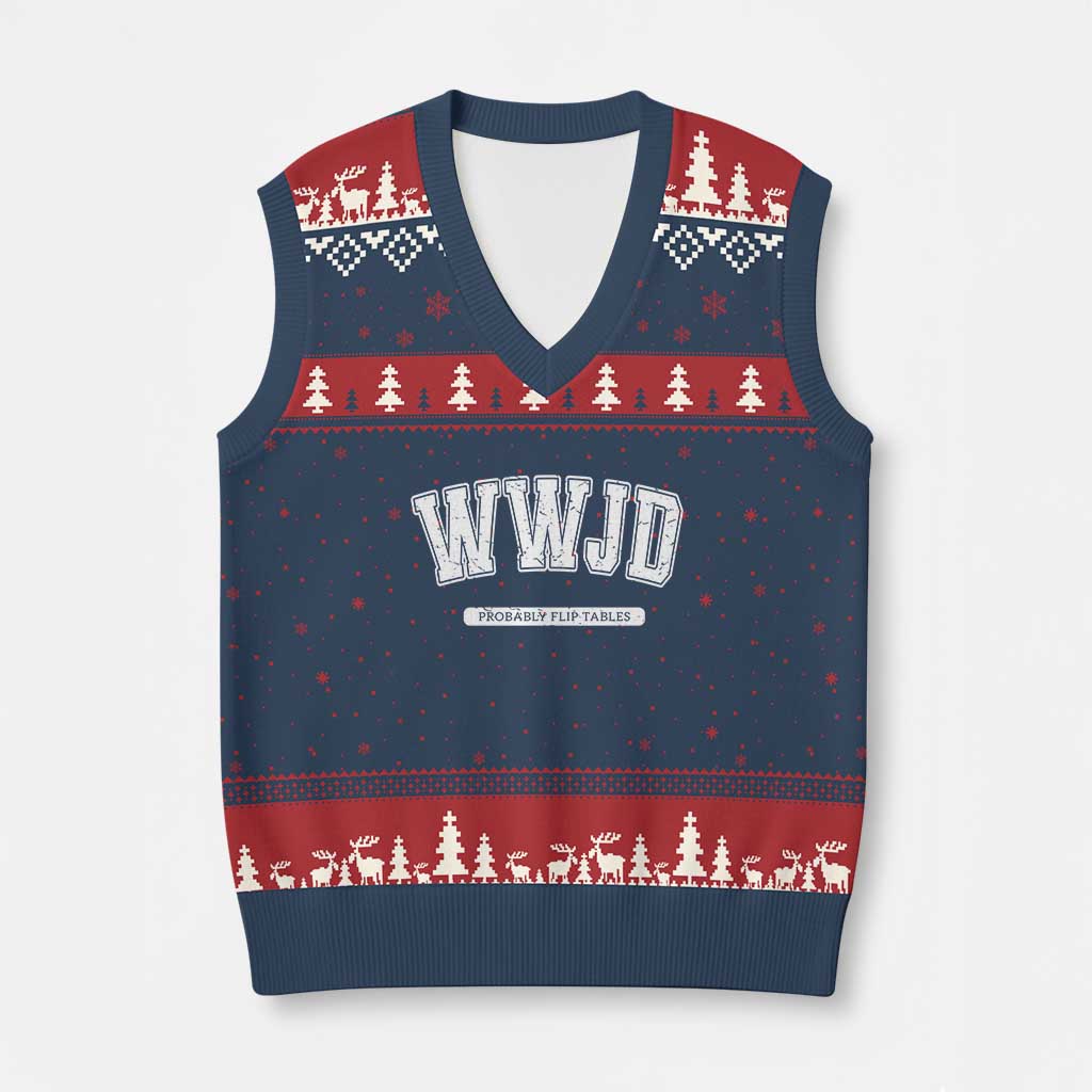Funny Christian V-Neck Knit Sweater Vest WWJD Probably Flip Tables TS14 Navy Red Print Your Wear