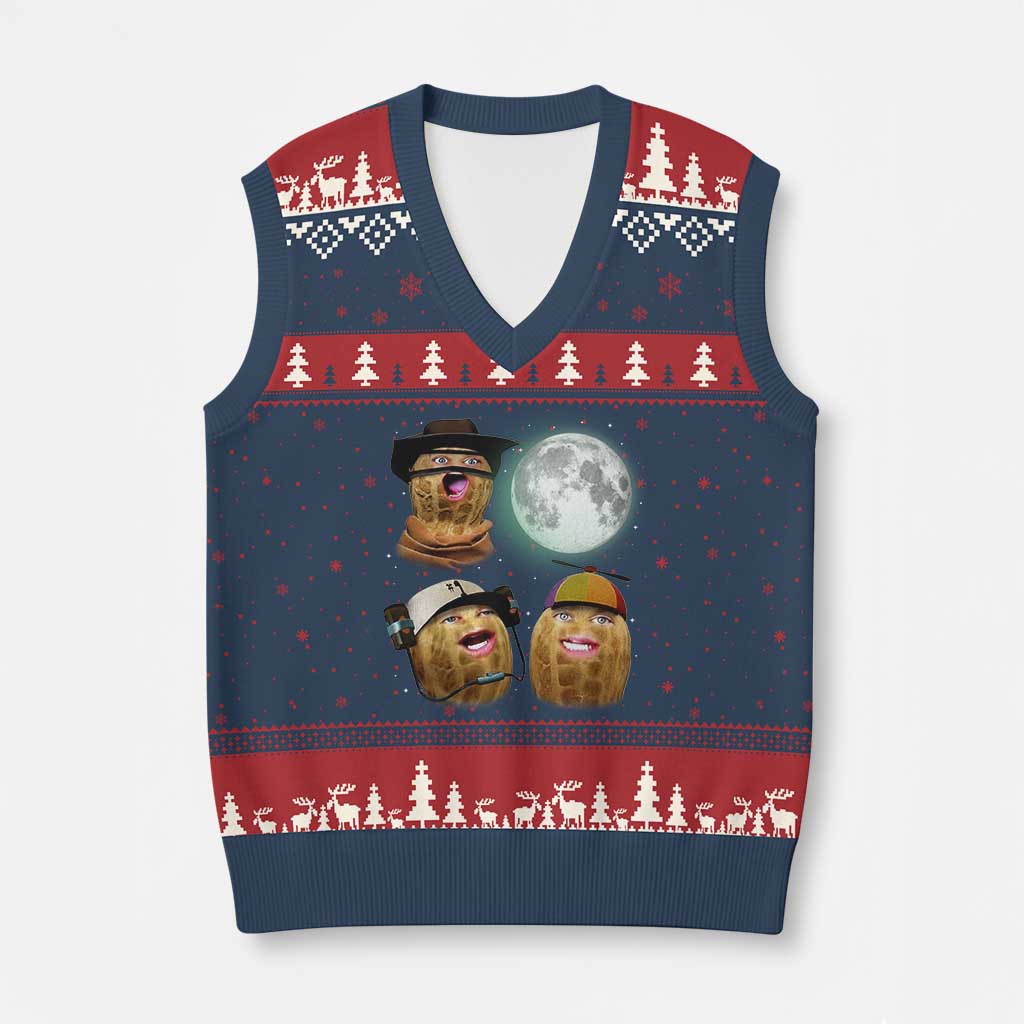 Funny Burnt Peanut Howling at the Moon V-Neck Knit Sweater Vest TS14 Navy Red Print Your Wear