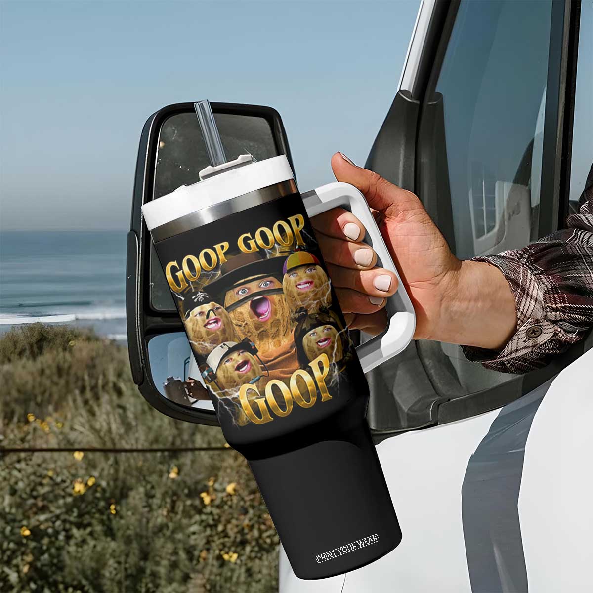 Funny Burnt Peanut Goop Tumbler With Handle - Bungulato 90s Bootleg Meme Humor Cup TS14 Print Your Wear