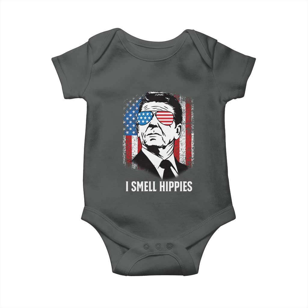 Ronald Reagan 4th of July America Flag Baby Onesie I Smell Hippies TS14 Dark Heather Print Your Wear
