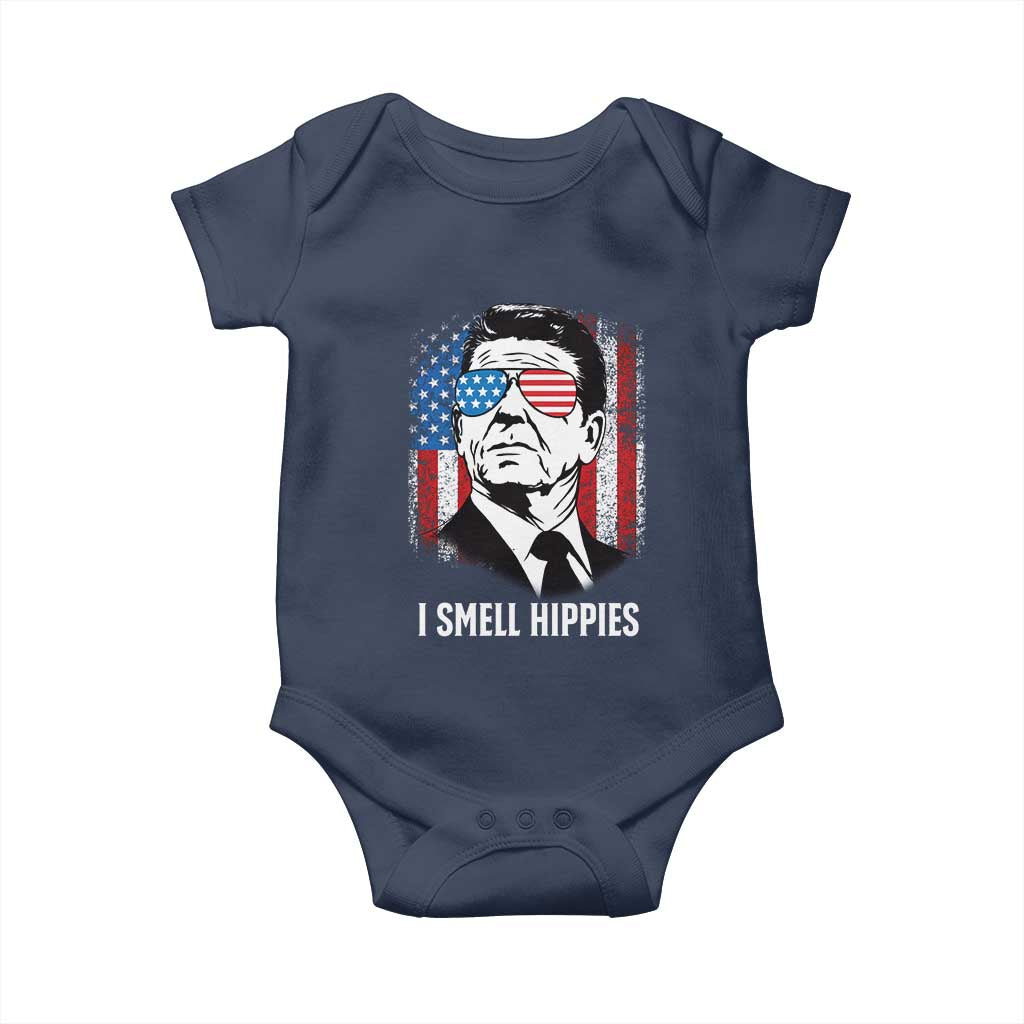 Ronald Reagan 4th of July America Flag Baby Onesie I Smell Hippies TS14 Navy Print Your Wear