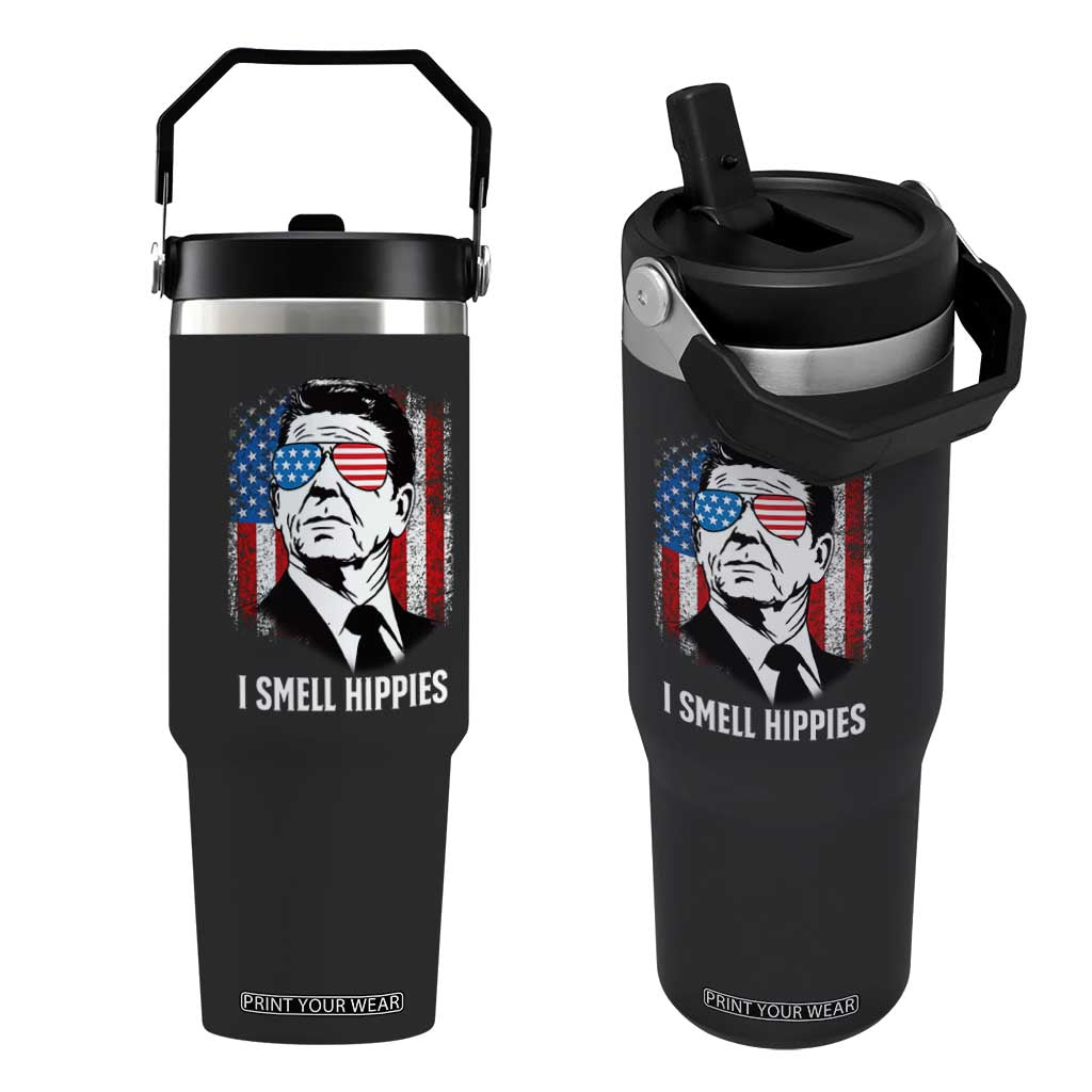 Ronald Reagan 4th of July America Flag Flip Straw Tumbler I Smell Hippies TS14 One Size: 30 oz Black Print Your Wear