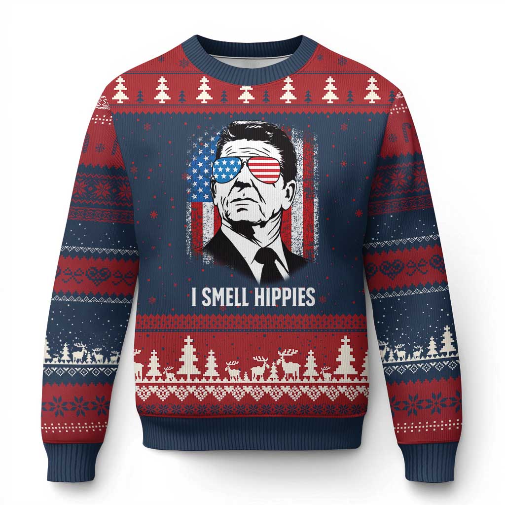 Ronald Reagan 4th of July America Flag Ugly Christmas Sweater I Smell Hippies TS14 Navy Red Print Your Wear