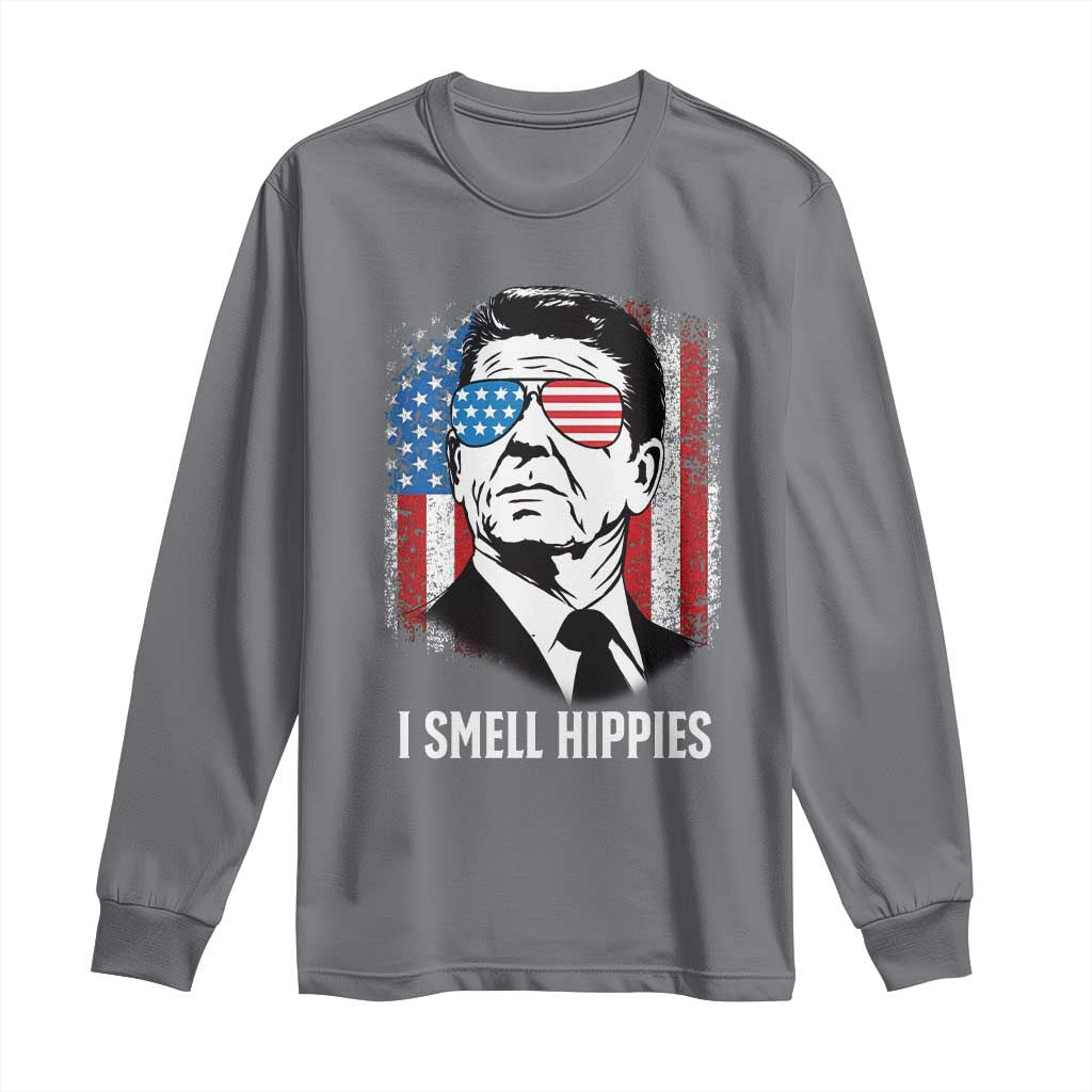 Ronald Reagan 4th of July America Flag Long Sleeve Shirt I Smell Hippies TS14 Charcoal Print Your Wear