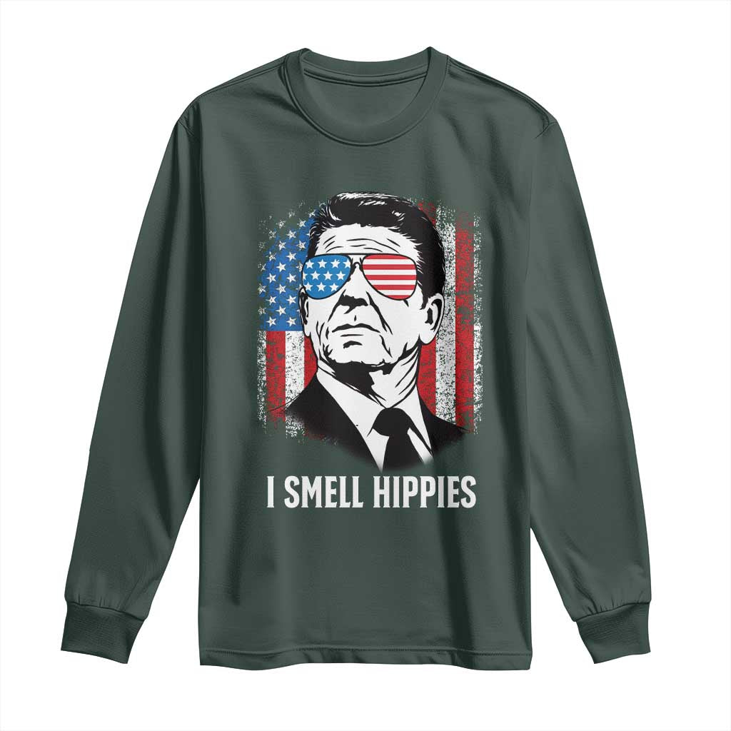 Ronald Reagan 4th of July America Flag Long Sleeve Shirt I Smell Hippies TS14 Dark Forest Green Print Your Wear