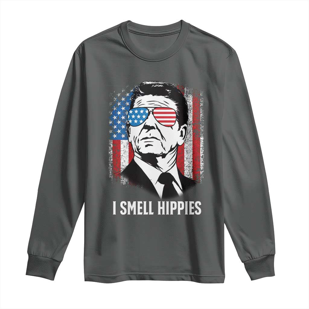 Ronald Reagan 4th of July America Flag Long Sleeve Shirt I Smell Hippies TS14 Dark Heather Print Your Wear