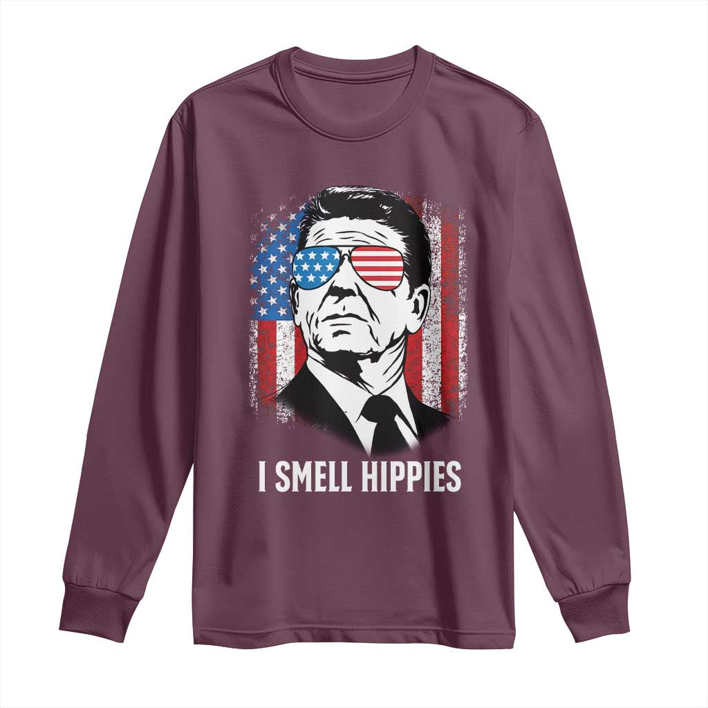 Ronald Reagan 4th of July America Flag Long Sleeve Shirt I Smell Hippies TS14 Maroon Print Your Wear