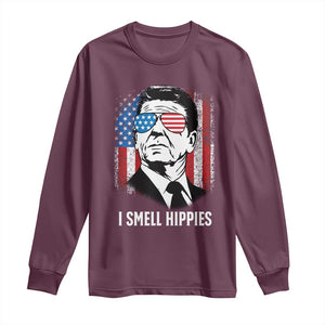 Ronald Reagan 4th of July America Flag Long Sleeve Shirt I Smell Hippies TS14 Maroon Print Your Wear