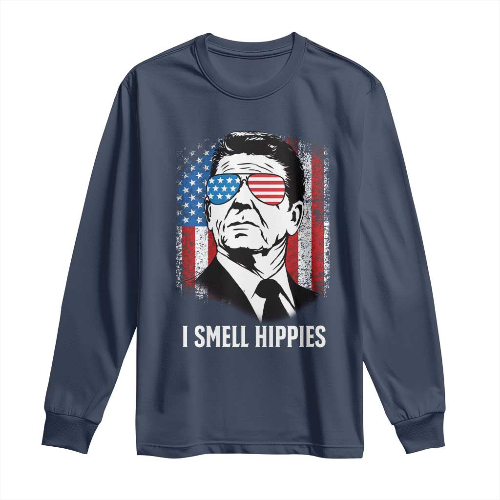 Ronald Reagan 4th of July America Flag Long Sleeve Shirt I Smell Hippies TS14 Navy Print Your Wear