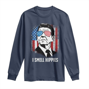 Ronald Reagan 4th of July America Flag Long Sleeve Shirt I Smell Hippies TS14 Navy Print Your Wear