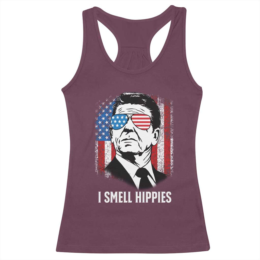 Ronald Reagan 4th of July America Flag Racerback Tank Top I Smell Hippies TS14 Maroon Print Your Wear